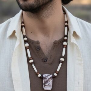 Handmade Clay Beaded Moai Head Pendant Necklace Southwestern Tribal 15"